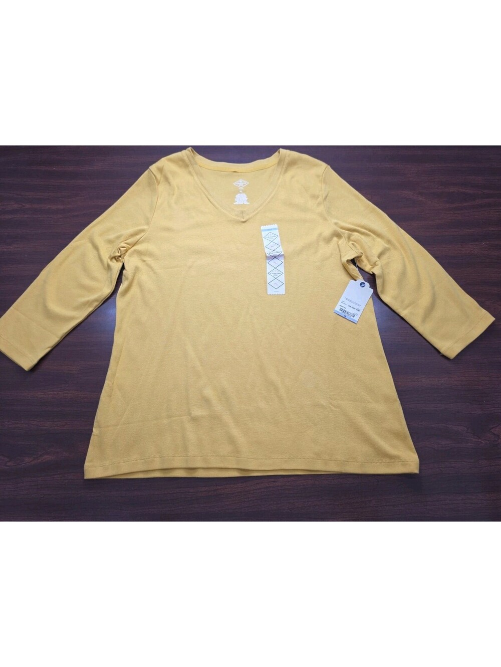 NWT St Johns Bay Amber Sun Yellow V Neck 3/4 Sleeve Top Women PL Casual Everyday